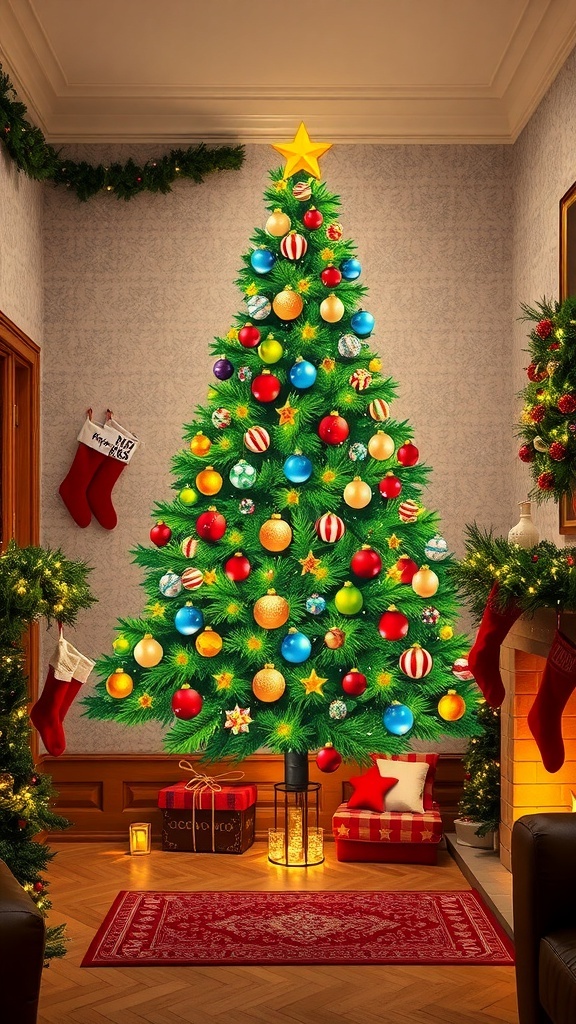 A festive room with Christmas tree wallpaper, decorated with ornaments and lights, creating a cozy holiday ambiance.